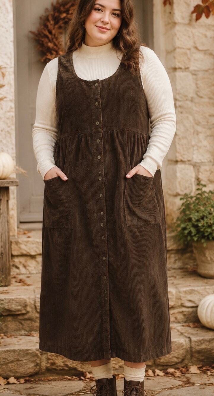 Vintage 90s HSZ Studio Brown Corduroy Button Front Jumper Dress Cottagecore XL